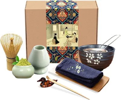 Produktbild von Japanisches Matcha Teeservice: Schneebesen, Bambusschaufel, Schüssel, Matcha Caddy, Keramikhalter