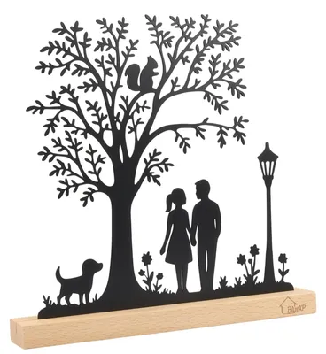 Metallfigur Liebespaar mit Hund und Laterne, 28 cm, Holz