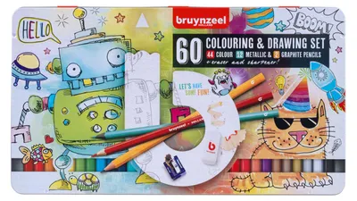 Image de Set de dessin et de coloriage Bruynzeel en étain, 60 pièces.