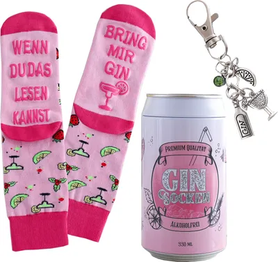 Produktbild von Gin-Socken mit Gin Schlüsselanhänger in einer Design-Dose, Geschenke für Frauen und Männer, Wenn Du das Lesen Kannst bring mir Gin (Rosa)