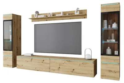 Image de Ensemble de meubles pour salon, 4 pièces. Meuble TV de 180 cm, vitrine en chêne artisanal mat