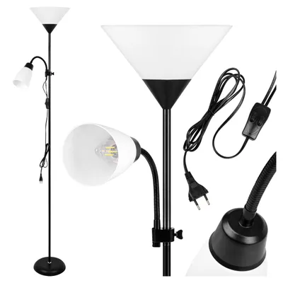 A collage of a black floor lamp with a white conical shade and a smaller adjustable reading lamp.