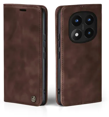 A brown leather flip case for a smartphone is shown from the front and back.