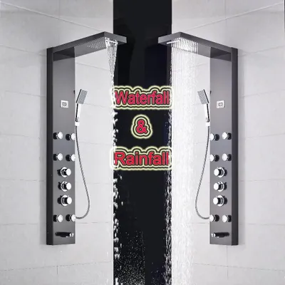 Produktbild von Duschsäule - BronzeDuschsäule - Wasserfall- 6 Massagebrausen- Thermostatgesteuerte Regendusche und Handbrause- Schwarz