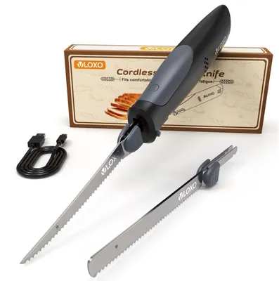 Produktbild von Elektrisches Küchenmesser mit Akku, kabelloses Elektromesser mit Doppelklinge aus Edelstahl, Sicherheitsverschluss und USB-C Laden für Fleisch, Brot und Gemüse