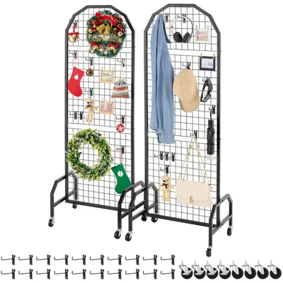 Produktbild von VEVOR 61 x170,7 cm Gitterwandpaneele Turm, 2 Packs Drahtgitter-Wanddisplay-Ständer mit T-Basis, freistehende doppelseitige Gitterwandpaneele für Kunsthandwerksmessen, Einzelhandelsdisplay mit zusätzlichen Clips und Haken, 2 Packs Rundtopf, Mit Rollen-a