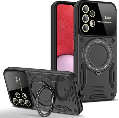 Two black phone cases are shown, one standing upright and the other lying on its side, both displaying the back of the case with camera cutouts and a ring holder.
