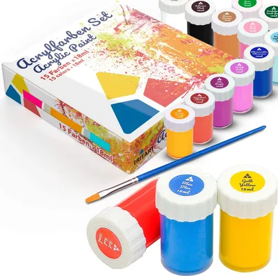 Produktbild von Tritart Acrylfarben Set für Kinder und Erwachsene - 15x Acrylfarbe mit Pinsel - Acryllack 16-teiliges Set - wasserfestes Acryl Farben Set und Pinsel