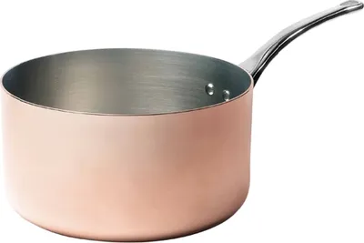 A copper saucepan with a silver handle is shown against a white background.