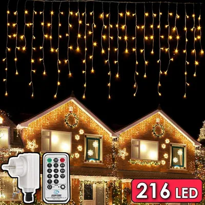 Imagen del producto de Guirnalda de luces con 216 LEDs, 5,5 metros de largo, enchufe europeo, 8 modos de iluminación, regulable, decoración navideña para exteriores, ideal para el jardín