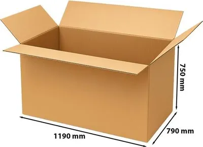 An open, empty cardboard box with dimensions indicated.