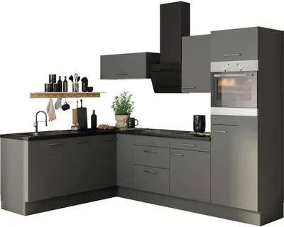 Obrázek produktu pro Rohová kuchyňská linka Optifit se spotřebiči Mats825 270 cm barva čela čedičová šedá matná barva korpusu šedá v nesmontovaném stavu