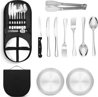 Produktbild von Portable Camping Besteckset aus Edelstahl, Reisegepäck, Reisebesteck mit Löffel, Gabel, Messer, Tellerhalter für Camping, Picknick, Wandern (10 Stücke)