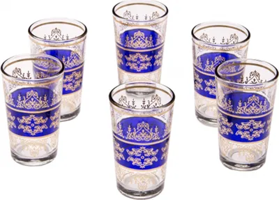 Produktbild von Orientalische verzierte Teegläser Set 6 Gläser Marrakesch Blau Gold | Marokkanische Tee Gläser Set 6 teilig Deko orientalisch | 6 x Orientalisches Marokkanisches Teeglas verziert | Farben auswahl