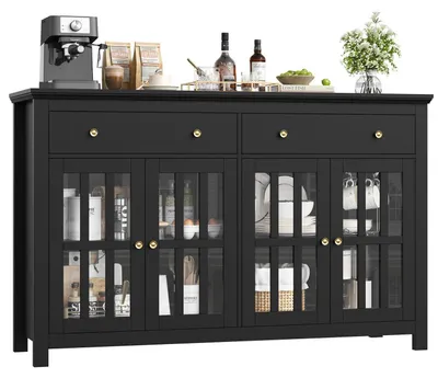 Obrázok produktu pre Komoda šírky 140 cm s 2 zásuvkami a 4 sklenenými dvierkami, čierna, rozmer 140x40x91 cm