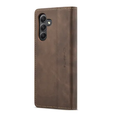 A brown leather flip case for a smartphone is shown against a white background.