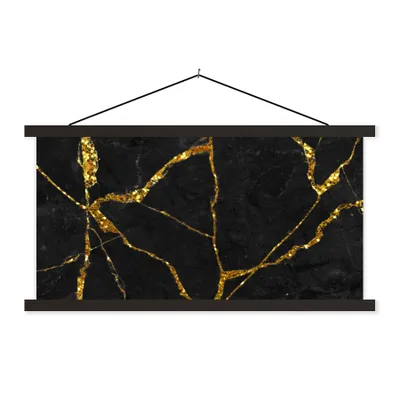 Produktbild von MuchoWow® Textilposter Marmor - Gold - Schwarz - Marmoroptik - Glitter 90x45 cm mit schwarzem Rahmen - Klemmleisten