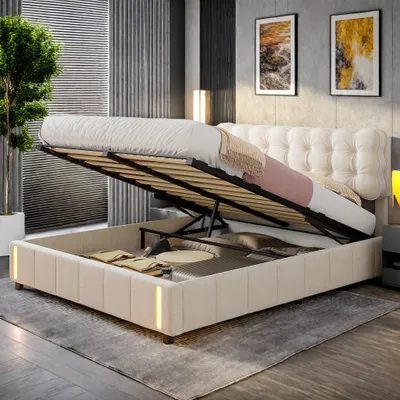 Produktbild von Polsterbett 160x200cm, Stauraumbett Doppelbett mit Lattenrost und LED, Hydraulisches Boxspringbett Jugendbett, Funktionsbett Samt, Beige