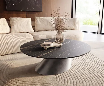 Produktbild von DELIFE Couchtisch Edge Rund 100x100 cm Keramik Laminam® Noir Desir Braun Conis Metallic Silber