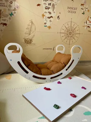 Obrázok produktu pre Montessori hojdačka s vankúšom (v hnedej farbe) a šmykľavkou. Biela, 85 cm, 5 v 1, 7 v 1, CE