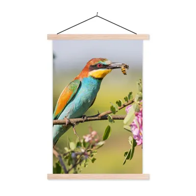 Produktbild von MuchoWow® Textilposter Vogel - Bienenfresser - Blumen 40x60 cm mit holzfarbenen Rahmen - Poster