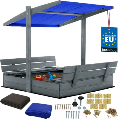 Produktbild von KOTARBAU® Sandkasten mit Abdeckung 120 x 120 cm Großer Grau Holzsandkasten mit Blau Dach Sandkasten mit Deckel Sandkasten mit Dach Gartenspielzeug Kinder imprägniert verschließbar mit Bänken