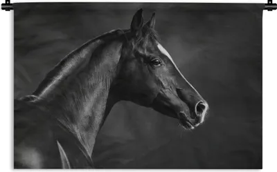 Produktbild von MuchoWow® Wandteppich Wandbehang Pferd - Tiere - Schwarz - Weiß - Porträt 150x100 cm Tapisserie Dekoration Wandtuch - Waschbar - Tapisserien - Wand-Decke