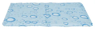 A rectangular cooling mat with a light blue background and a pattern of water droplets.