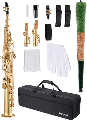 Image de VEVOR Saxophone soprano, si bémol majeur, avec housse de transport, bec, chiffon de nettoyage, baguettes de tambour, gants, bandoulière, ensemble de saxophone à 23 touches pour débutants et élèves, or