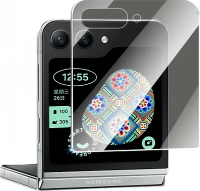 A screen protector is shown placed over the back of a Samsung Galaxy Z Flip phone, displaying its external screen.