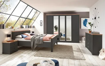Produktbild von Schlafzimmer Set 5-teilig Bett 180x200cm Graphit mit Eiche JÜLICH-77