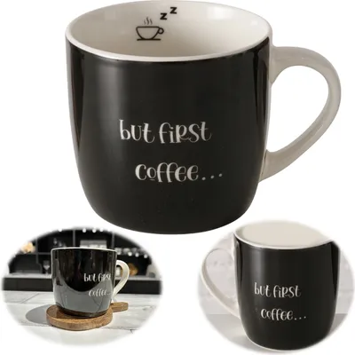 Produktbild von LS-LebenStil XL Jumbo Kaffeebecher 420ml Spruch "but first Coffee" Keramik Henkelbecher Kaffeetasse perfekt Kaffee Milchkaffee Cappuccino Kaffeepott