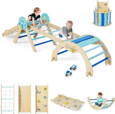 Produktbild von GOPLUS Klettergerüst, 4er Set Kletterspielzeug mit Kletternetz, Kletterbogen, Wippe & Leiter, inkl. Baustein Set, Kletterdreieck für Kinder, Astronaut