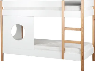 Produktbild von Möbilia Etagenbett mit Seitenpaneel, 2er-Set | 90 x 200 cm | MDF, Pinienholz | Weiß – Natur | B 210 x T 99 x H 153 cm | 12020101 | Serie BETT