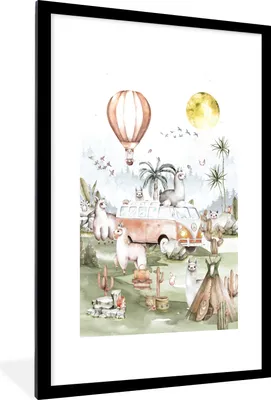 Produktbild von MuchoWow® Gerahmtes Poster Alpaka - Tiere - Kinder - Heißluftballon - Kinder 60x90 cm - Poster mit Schwarzem Bilderrahmen Wandposter Rahmen Foto Bilder - Dekoration - Wandposter Wohnzimmer - Hochwertig