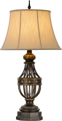 Image de Lampe de table avec abat-jour Augustine, couleur brun-crème, 1xE27x60W, tissu, dimensions : 89,5 x 50,8 x 50,8 cm, IP20, Feiss