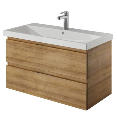 Produktbild von Bad Waschtisch, 90cm, grifflos, in Riviera Eiche Nb. mit Keramik Waschbecken VILLATORO-66, B/H/T ca. 90/53,2/45 cm