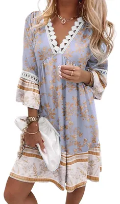 Image de Robe longue bohème pour femmes - Décolleté en V - Bleu clair