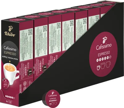 Produktbild von Tchibo Cafissimo Vorratsbox Espresso kräftig Kaffeekapseln, 80 Stück – 8x 10 Kapseln (Espresso, intensiv mit kräftigen Röstaromen), nachhaltig & fair gehandelt