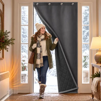 Zdjęcie produktu dla 100x210 cm, szary, zasłona termoizolacyjna na drzwi, z przelotkami, samoprzylepna, wodoodporna, wiatroodporna, izolacja termiczna, zasłona na drzwi