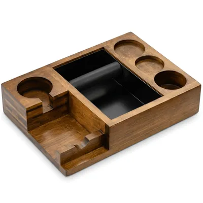 Produktbild von WONDERMAKE® Espresso Tamper-Station mit Knock-Box für Siebträger 51–58,5 mm, Massiver Moso-Bambus Holz mit Walnuss-Finish, Organizer mit Ablagen