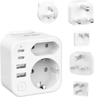 Produktbild von Reiseadapter 6-in-1 mit Schuko-Anschluss und 4 USB-Anschlüssen für Großbritannien