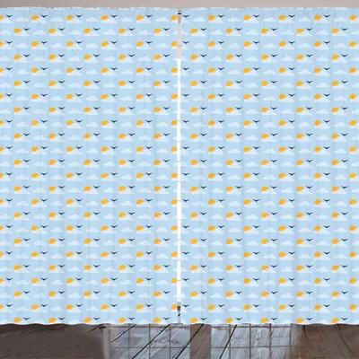 Produktbild von ARANDE Wolken Gardine, Sommersaison Wetter-Design mit Vogel-Silhouetten und Sun Motiv, 280 x 175 cm, Babyblau Ringelblume