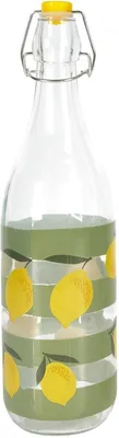 Immagine prodotto di Bottiglia in vetro da 1 litro - Borraccia riutilizzabile con stampa di limoni e strisce verdi - Con tappo gialla a scomparsa