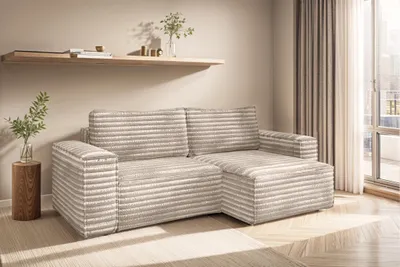 Produktbild von Ecksofa Schlafsofa MADLEN Stoff Velo Beige Ottomane Rechts