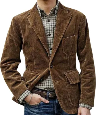Obrázek produktu pro ASKSA Bunda manšestrová Pánská bunda Retro sako manšestrové neformální oblek s kapsami Elegantní oblek bunda Regular Fit neformální bunda muži Jednobarevný kabát klopě, hnědá, M