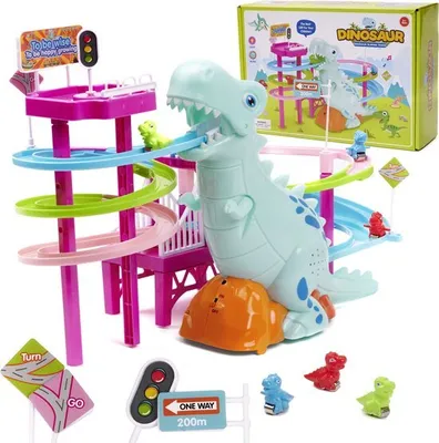 Produktbild von Playos® Dinosaurus Racebahn mit Licht und Sound – Spielzeugautos und Autobahn für Kinder – 3 Dinosaurier und USB-Kabel