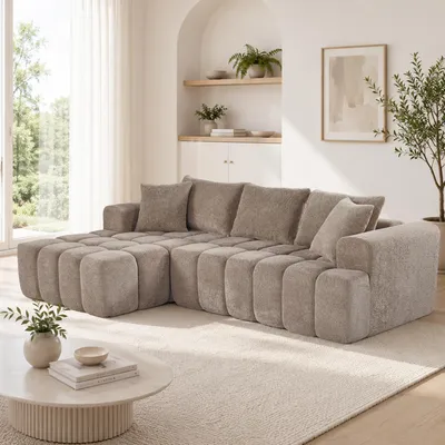 Image de Canapé d'angle confortable avec accoudoirs et fonction convertible, canapé classique trois places, assise plus profonde, canapé modulaire pour salon, couleur kaki