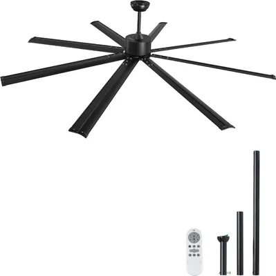 A large black ceiling fan with multiple blades is shown in the upper part of the image, and a remote control and downrod extensions are shown in the lower right.