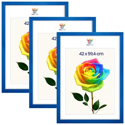 Obrázok produktu pre MG Design, sada 3 kusov rámov na obrázky, modrá farba, formát A2 (42x59,4 cm) - rámy na plagáty z masívneho dreva s akrylovým sklom, stabilný systém uchytenia na stenu, možnosť zavesenia na výšku alebo na šírku